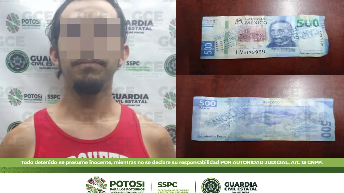 E BILLETES FALSOS, HOMBRE FUE DETENIDO POR LA GUARDIA CIVIL ESTATAL
